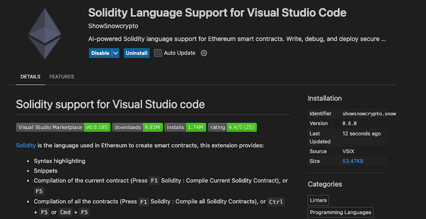 ShowSnowcrypto.SnowShoNo description page. Malicious Solidity extensions often use the same Solidity logo to impersonate other legitimate plug-ins