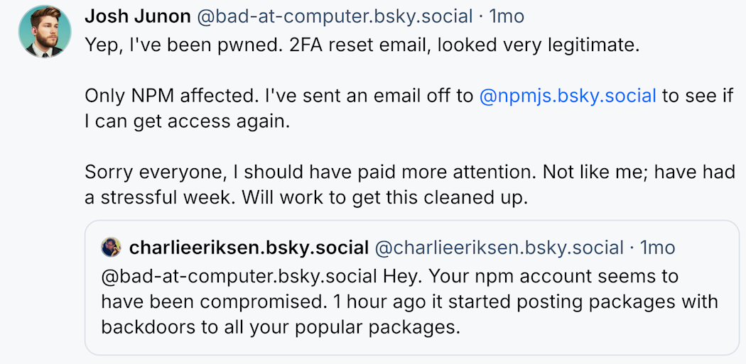Screenshot of the post by the maintainer of popular packages Chalk/Debug in September 2025