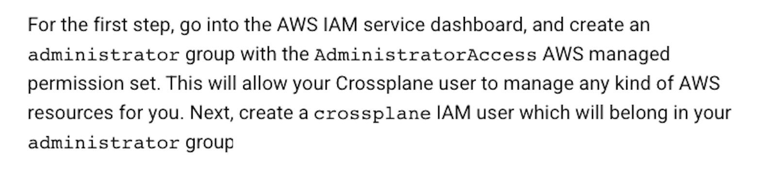 An online tutorial instructing users to configure Crossplane with the AdministratorAccess AWS managed policy