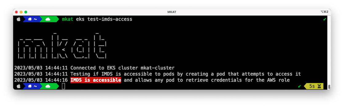 MKAT notifies that the AWS IMDS is not blocked and accessible from any pod in the cluster.