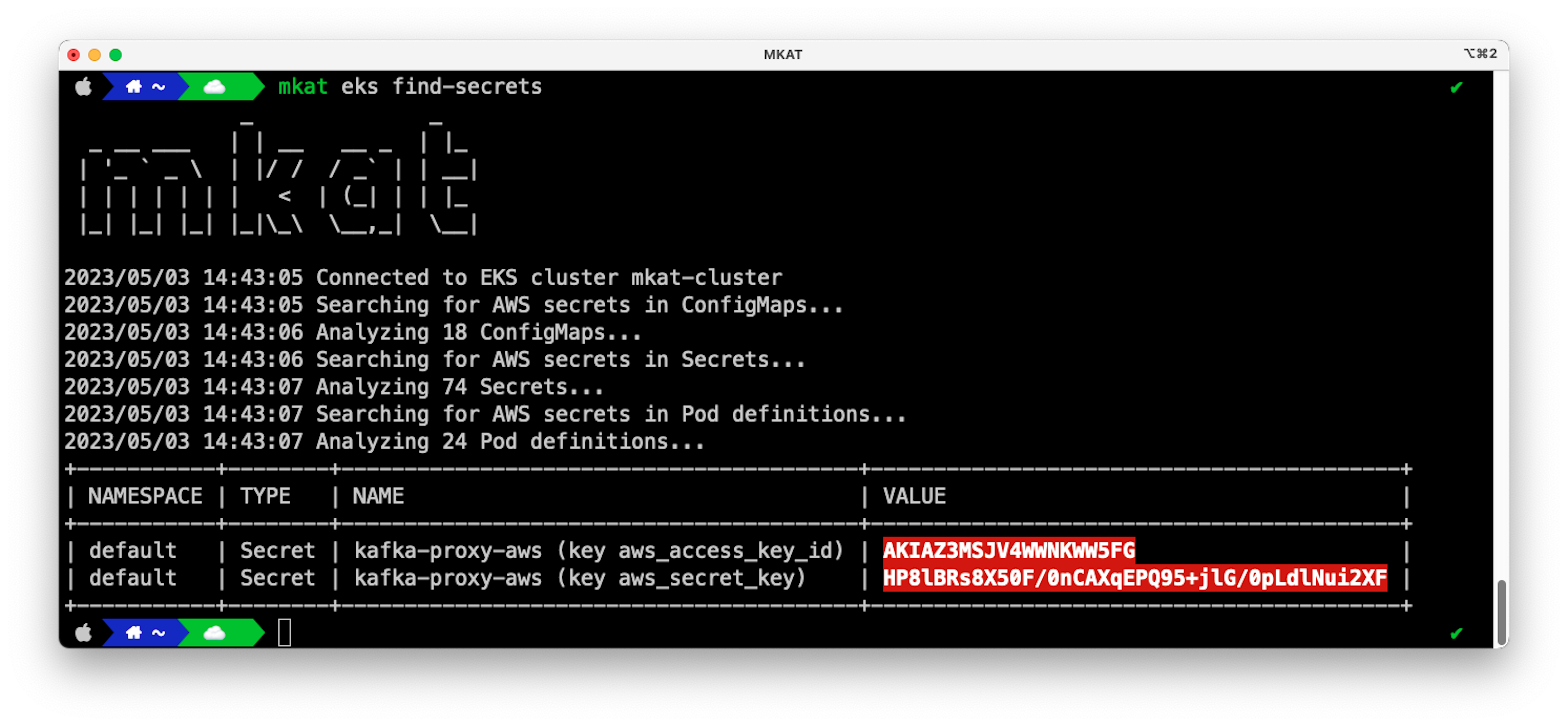 MKAT identifies hardcoded AWS access keys in a Kubernetes secret.