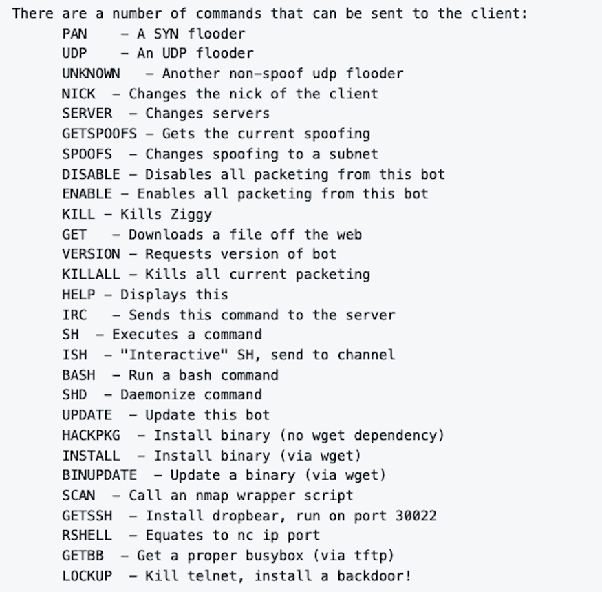 IRC commands available to the attack through his IRC bot
