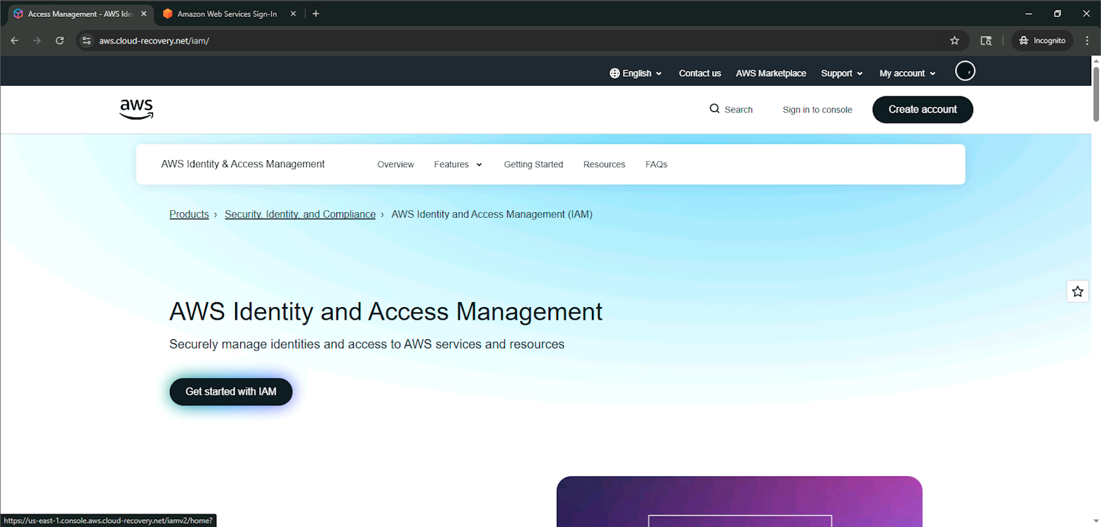 AWS Identity and Access Management product landing page served from the phishing domain (click to enlarge)