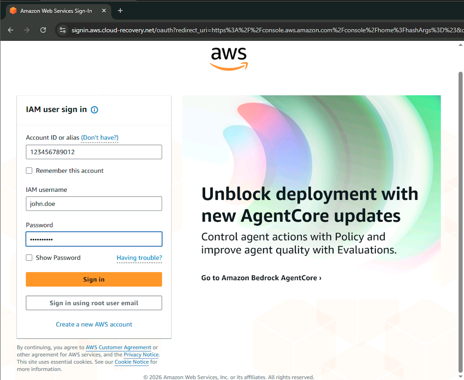 Phishing page hosted at signin.aws.cloud-recovery.net mimicking the AWS IAM user sign-in page (click to enlarge)