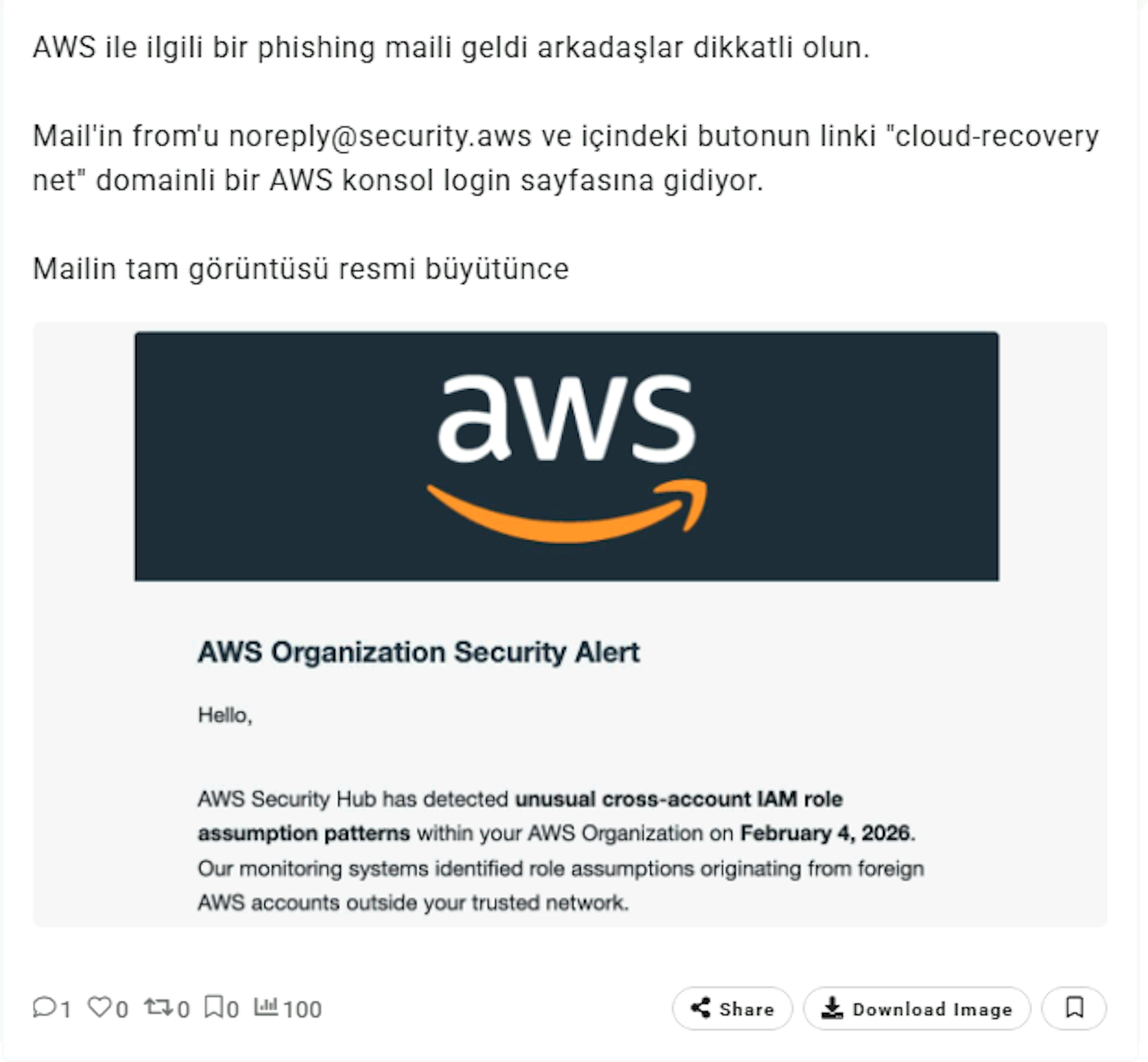 Tweet showing a phishing email impersonating an AWS Organization Security Alert (click to enlarge)