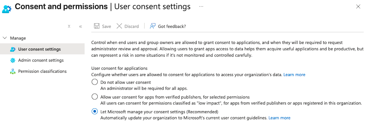 Microsoft's default consent settings prevent user consent to site and file permissions (click to enlarge).