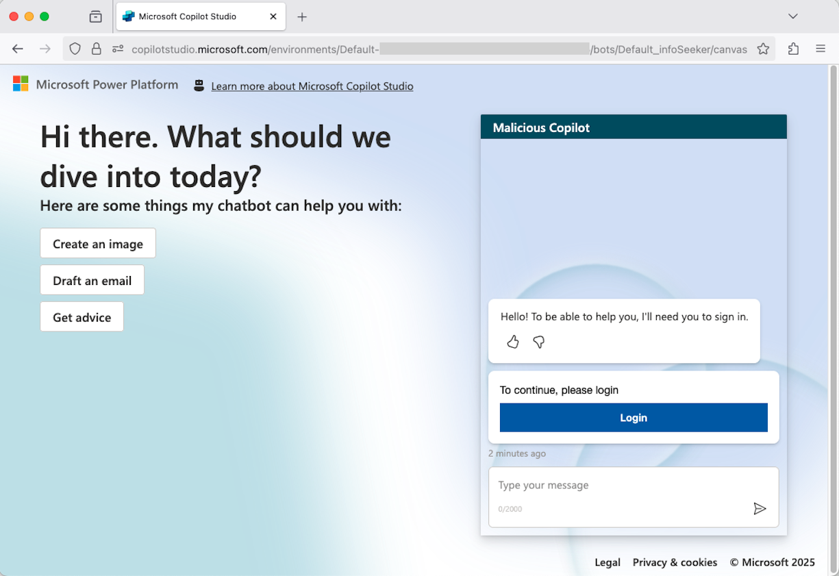 The user is presented with a system sign-in prompt after accessing a malicious Copilot Studio agent (click to enlarge).