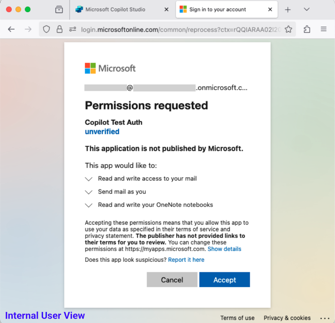 An unprivileged user can consent to permissions from unverified internal applications that are not explicitly prevented, such as OneNote and email access (click to enlarge).