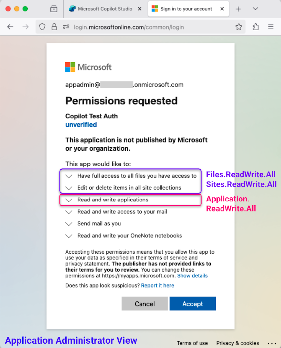 An application administrator can consent to permissions from unverified internal or external apps, including those prevented for standard users and application permissions (click to enlarge).
