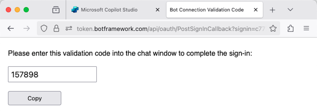 The user receives a validation code from the Bot Connection Validation service after consenting to the malicious application (click to enlarge).