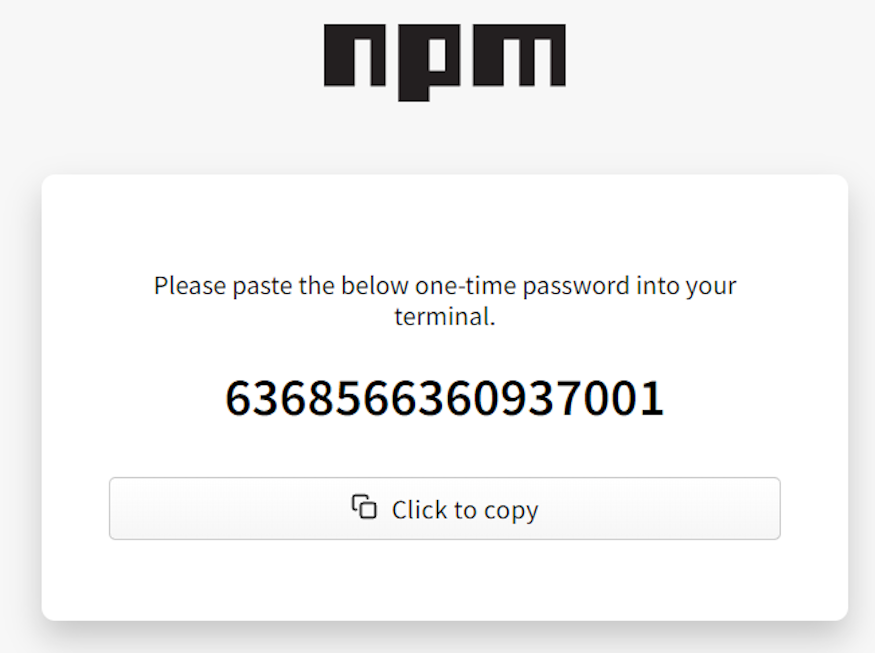 screenshot of npm one-time password modal