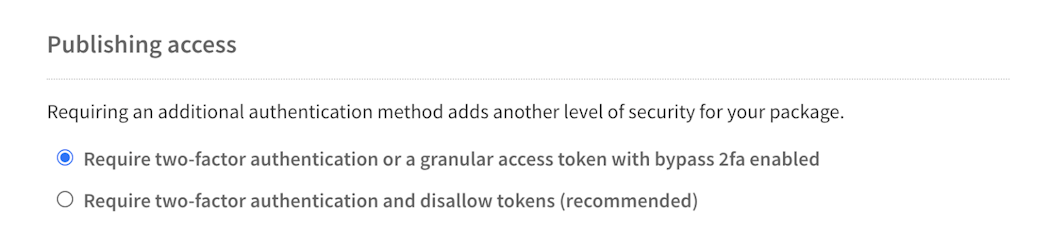 screenshot of npm publishing access modal