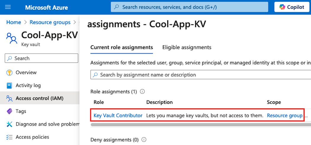 The Key Vault Contributor role does not allow data access (click to enlarge).