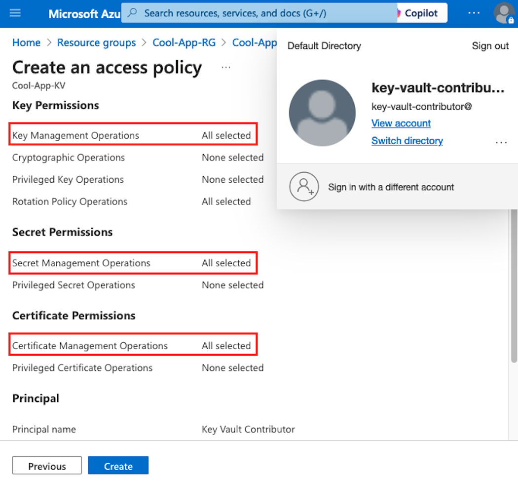 A Key Vault Contributor adding an access policy (click to enlarge).