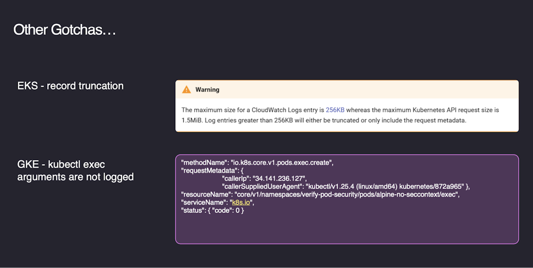 Kubernetes logging gotchas (click to enlarge).