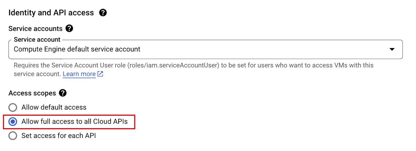 Creating an instance that uses the Compute Engine default service account with an unrestricted scope (click to enlarge).