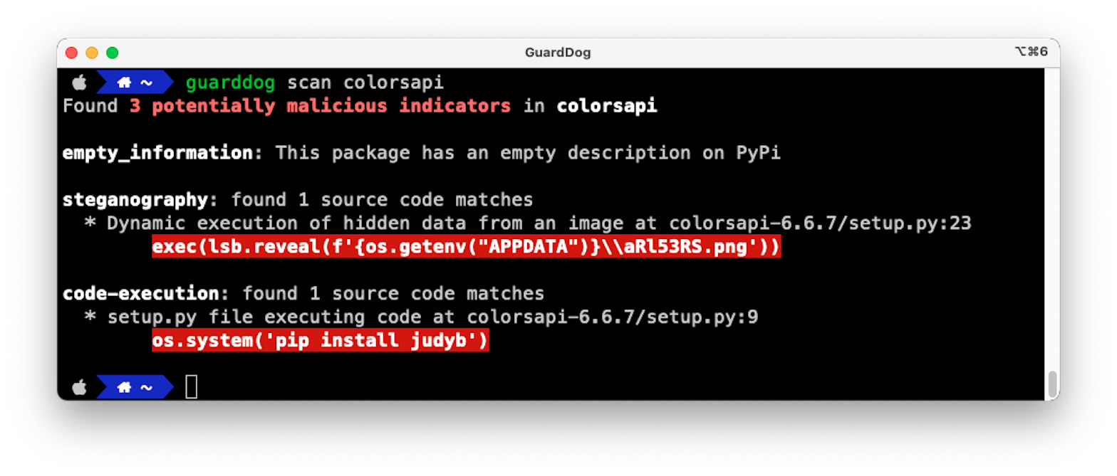 Running GuardDog against the colorsapi package