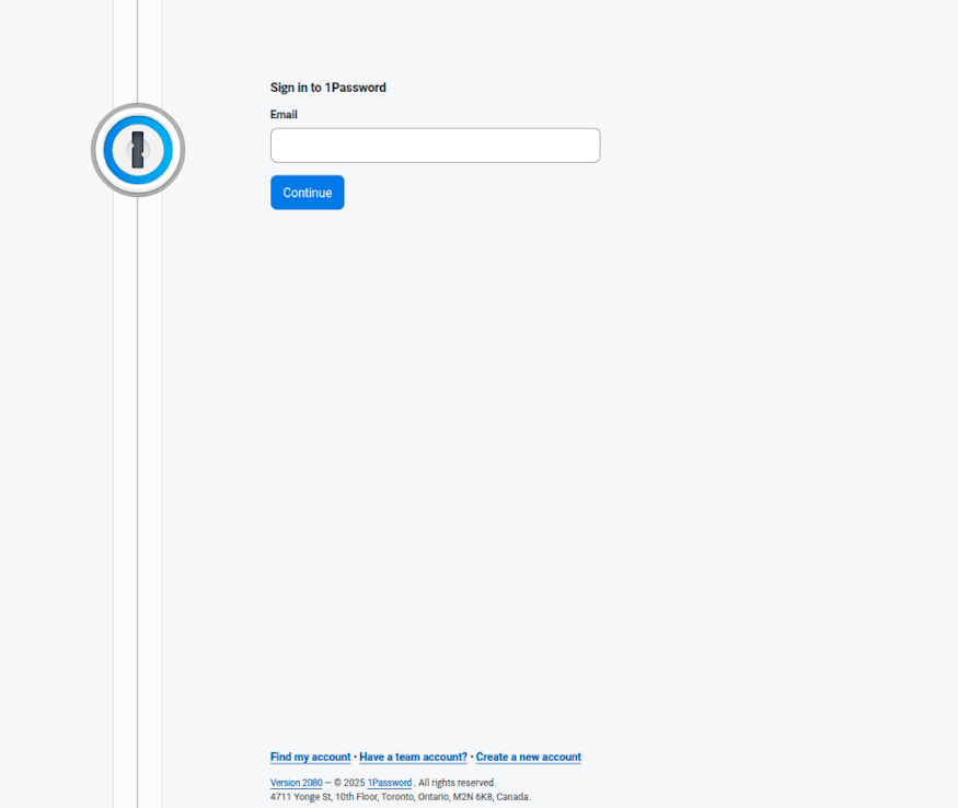 Version 1 of the 1Phish kit: a basic fake 1Password sign-in page collecting only an email address (click to enlarge)