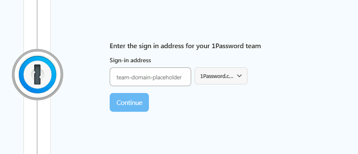 Version 4 enterprise/team targeting form asking victims to enter their company's 1Password sign-in address (click to enlarge)