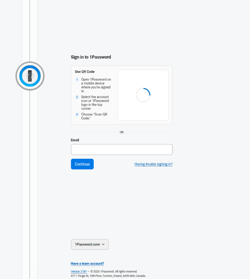 Version 4 of the 1Phish kit: heavily rebuilt fake 1Password sign-in page with QR code option, domain selector, and JavaScript obfuscation (click to enlarge)