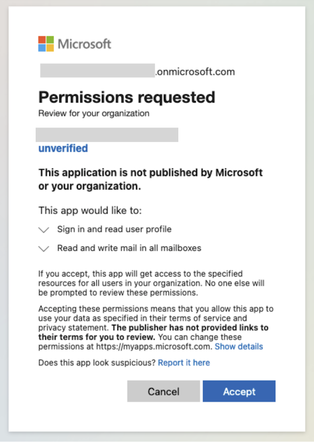 An application that requests permission to act as a user with delegated permission scopes (click to enlarge).