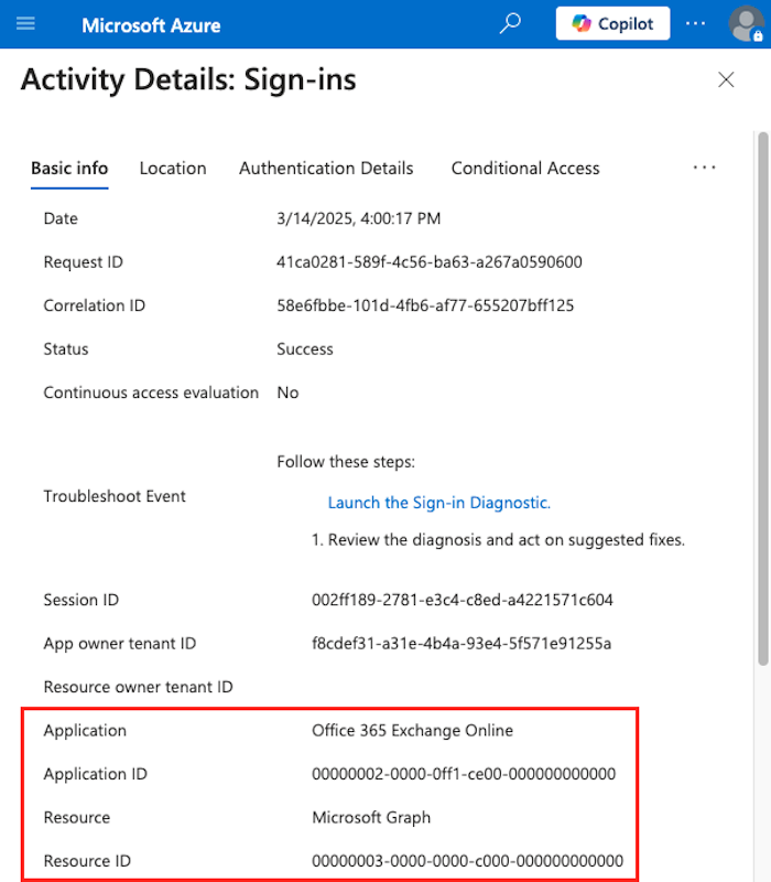Authenticating as the Office 365 Exchange Online application after adding a certificate to its local SP (click to enlarge).
