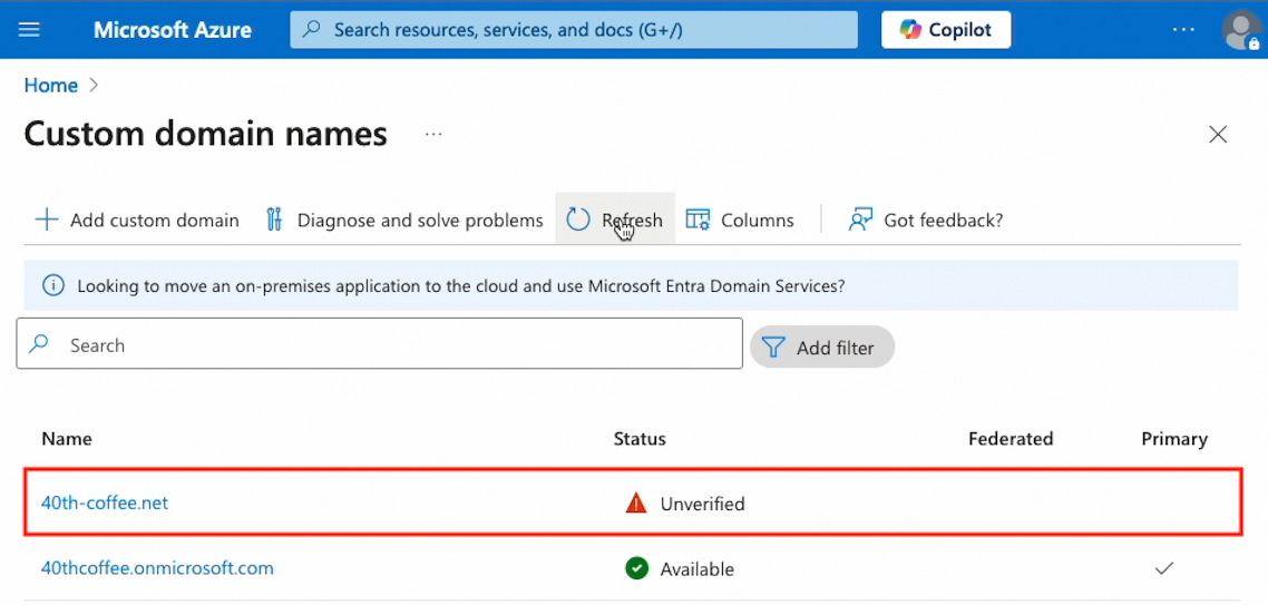 A malicious domain has been added to Entra ID but needs to be verified before federation is configured (click to enlarge).