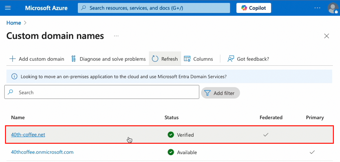 After domain verification and federation configuration, the malicious domain appears as federated in Entra ID (click to enlarge).