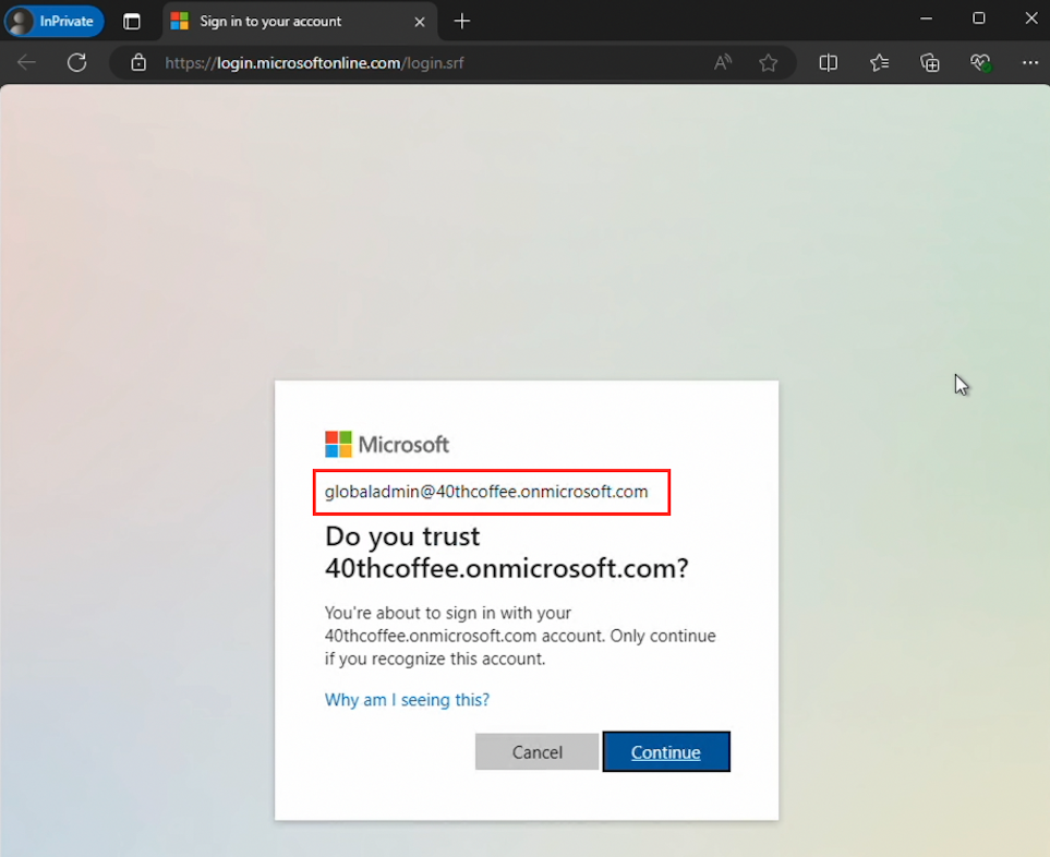 A sign-in prompt as a Global Administrator, initiated with a forged SAML token from AADInternals (click to enlarge).