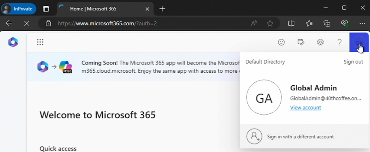 Browsing M365 as a target Global Administrator after sign-in with a forged SAML token (click to enlarge).