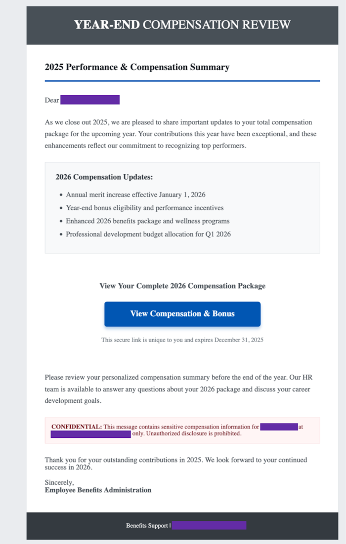 Example of a phishing email sent on December 2, 2025, with a link that redirects to employee-hr-portal[.]com (click to enlarge)