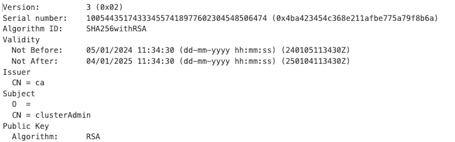 AKS client certificate details for clusterAdmin