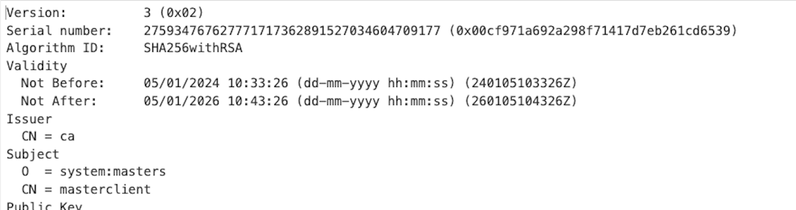 AKS client certificate details for masterclient