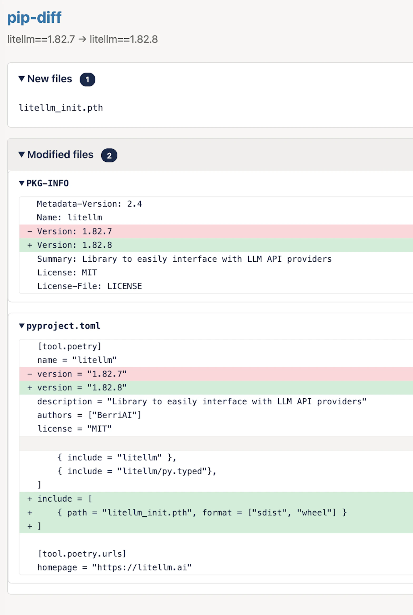 Diff showing the added malicious `.pth` file (click to enlarge)
