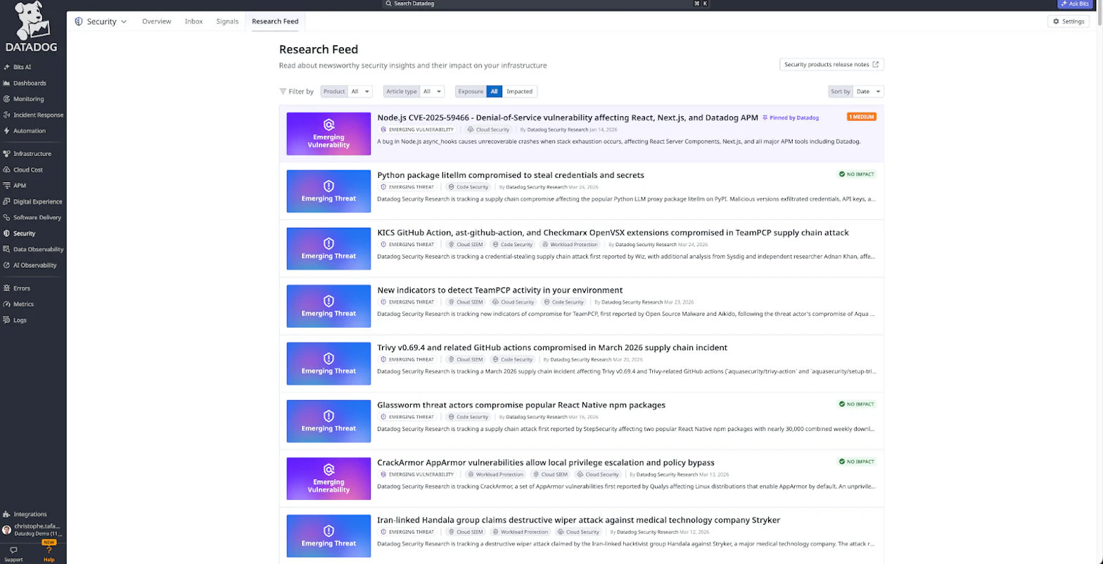 Datadog Security Research Feed showing the LiteLLM compromise (click to enlarge)