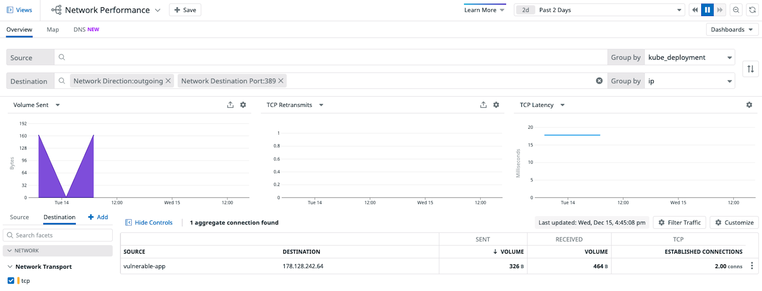 Using Datadog Network Performance Monitoring to identify a suspicious LDAP connection to the Internet