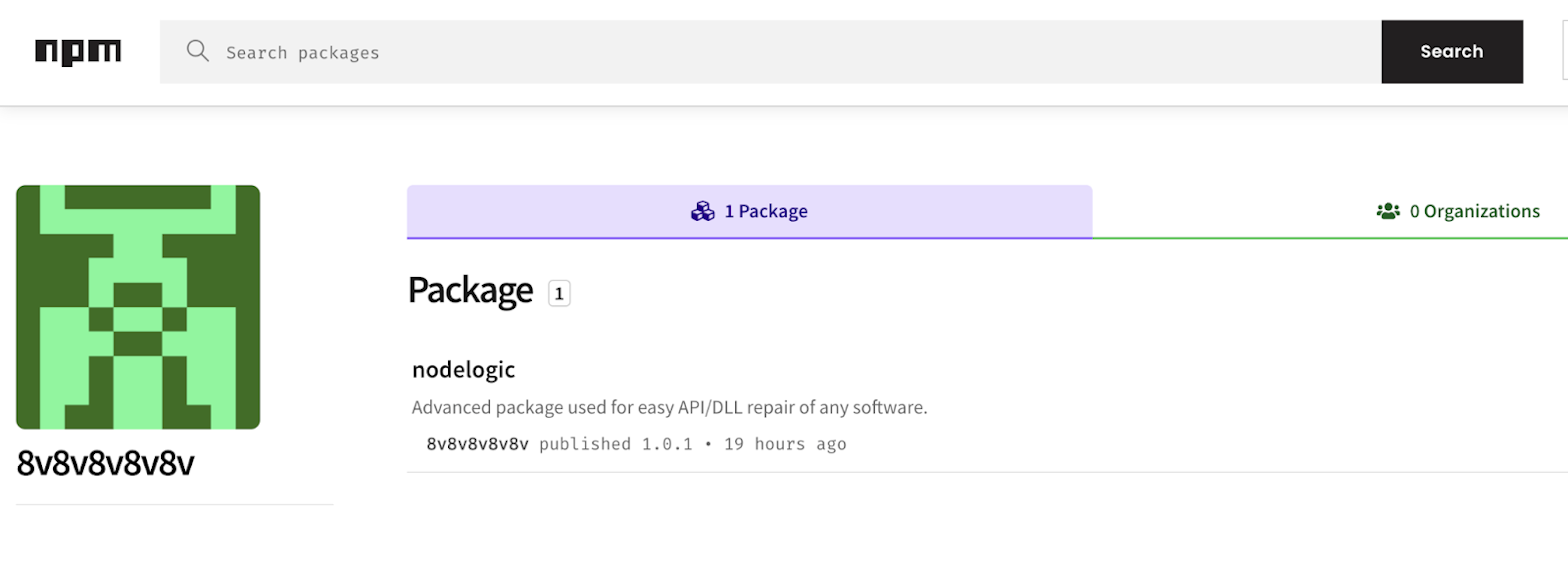 Screenshot of nodelogic package details on npmjs.com