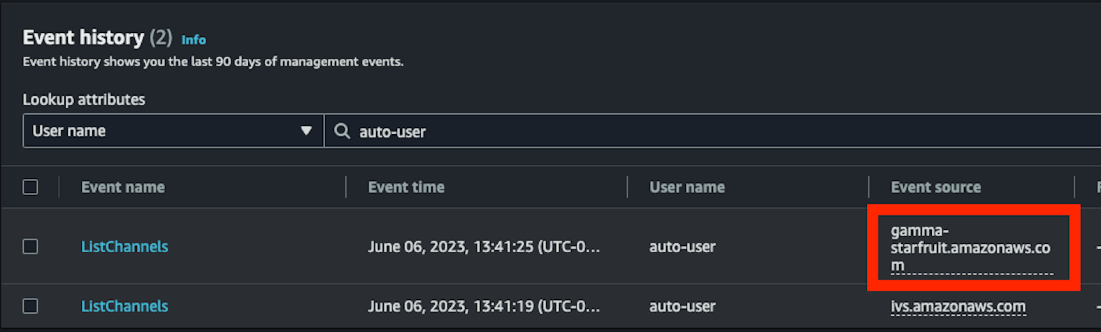 Showing a CloudTrail log with a non-standard event source.