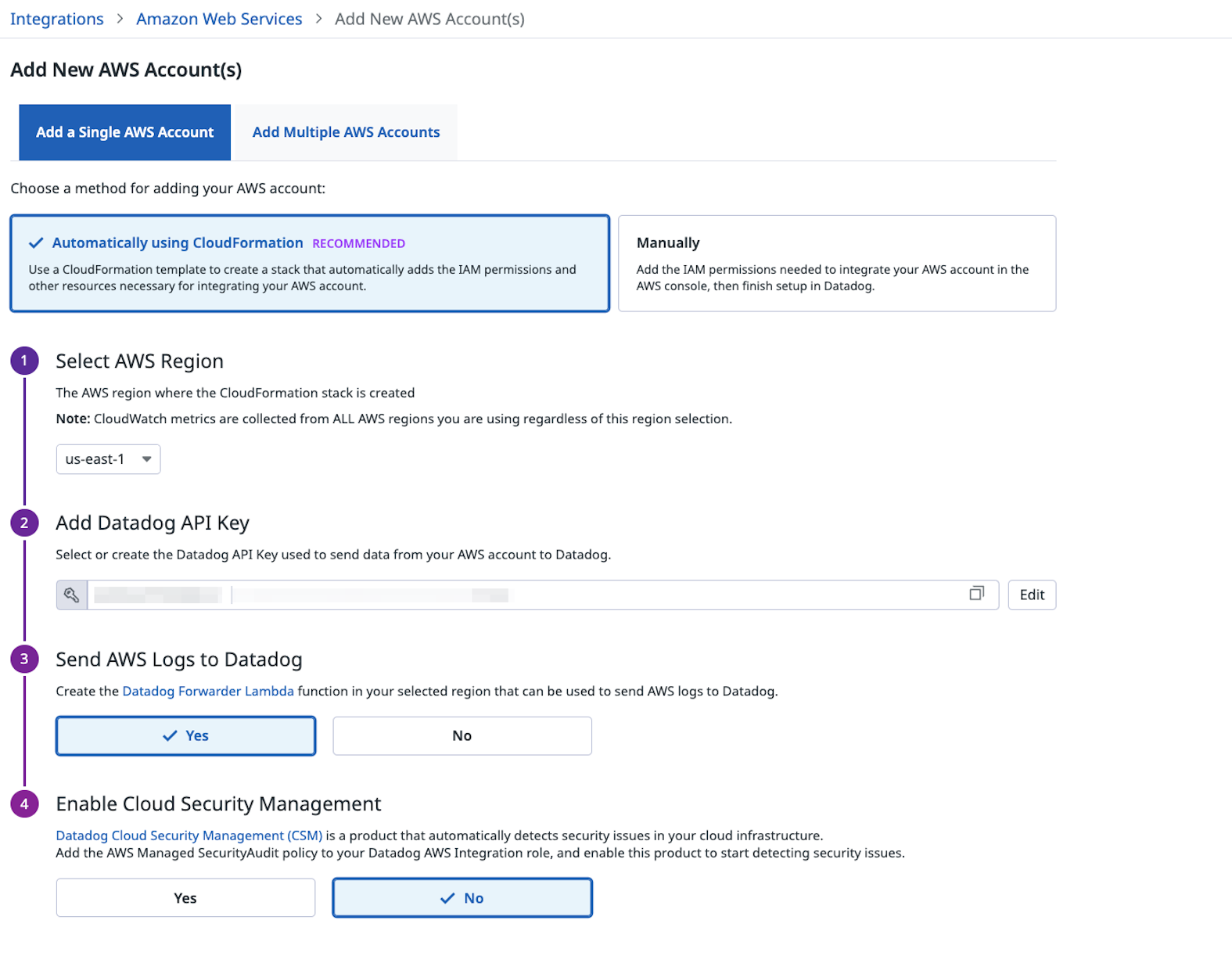 When setting up a new AWS integration, you can selectively turn on product features that will provision an IAM role with different permissions (click to enlarge).